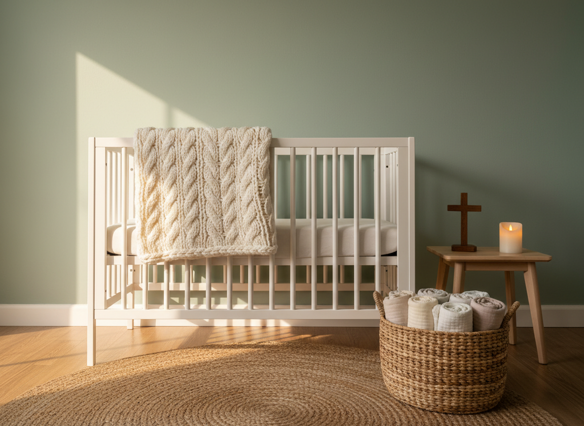 A serene nursery corner with a white crib against a soft sage-green wall, a chunky knit baby blanket folded neatly over the rail, and a small wooden side table holding a simple cross and a battery candle with a warm glow. A woven basket filled with neatly rolled swaddle blankets sits on a natural jute rug. Golden hour light streams in from an unseen window, bathing the room in a gentle, honeyed glow, creating long, peaceful shadows. Photographic realism with a cozy, minimalist aesthetic, captured at eye level with balanced focus throughout. The mood is nurturing and prayerful, suggesting a space where faith and motherhood quietly meet.