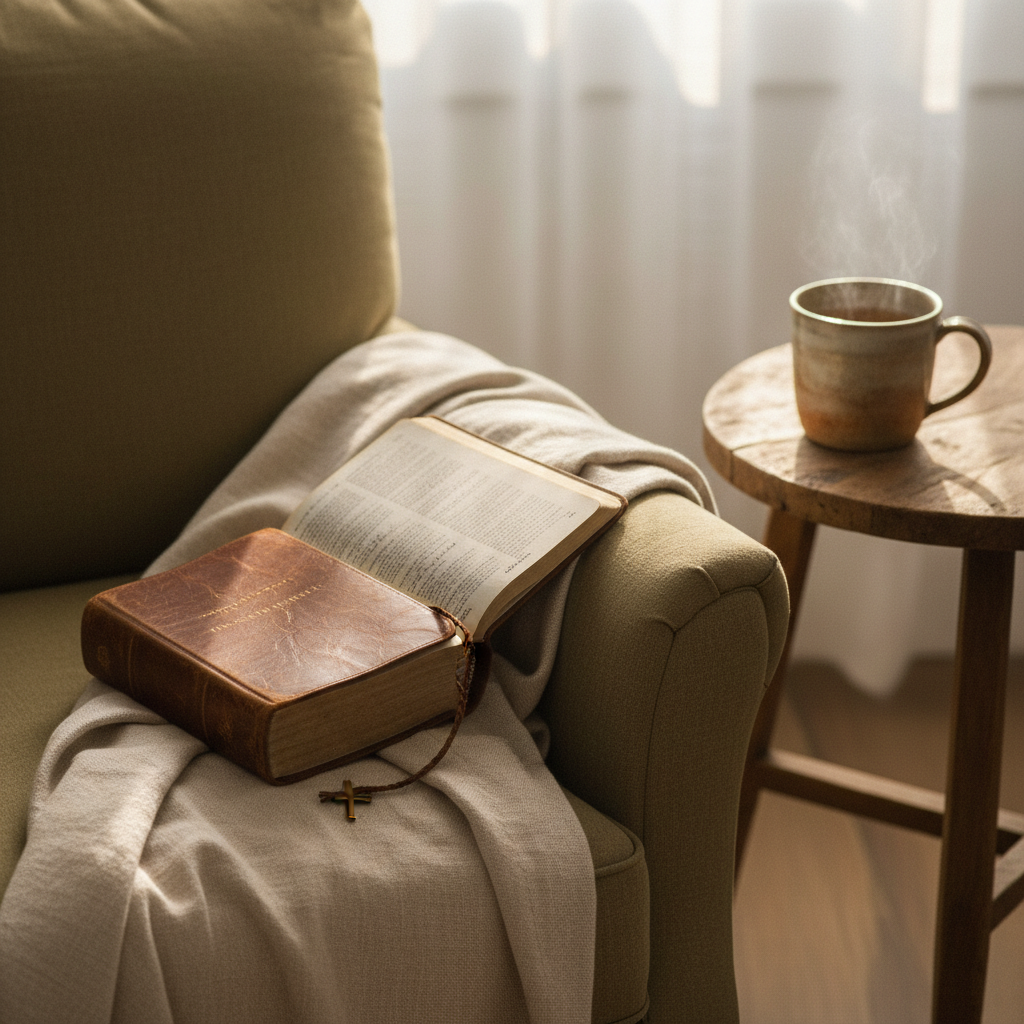 A well-worn leather Bible lying open on a pale linen throw blanket draped over a cozy, overstuffed armchair. A simple ceramic mug of herbal tea rests on a small wooden side table beside it, with a single bookmark peeking from the pages. Soft morning sunlight filters through sheer white curtains in the background, creating gentle highlights on the textured leather cover and casting faint, comforting shadows. Photographic realism with a warm, slightly desaturated palette, shot at eye level with a shallow depth of field so the focus rests on the open pages. The mood is calm, encouraging, and reflective, suggesting a quiet moment of faith-filled planning for the day.