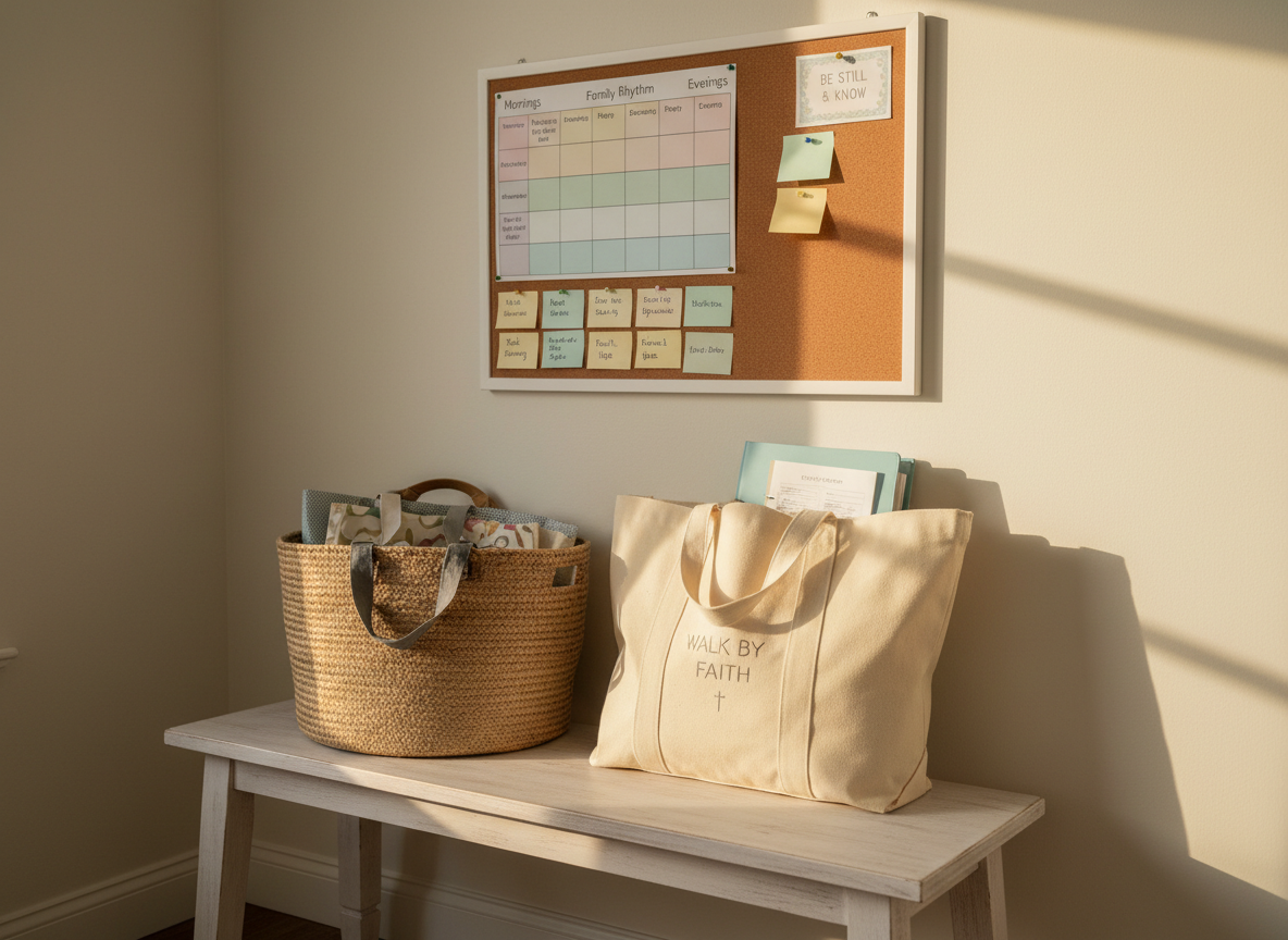 A sunlit entryway bench made of lightly distressed white wood, holding a woven basket filled with neatly folded reusable shopping bags, a canvas tote embroidered with a subtle faith-inspired phrase, and a closed recipe binder with tabbed dividers. A corkboard above the bench displays a color-coded weekly family rhythm chart, meal ideas, and a small printed Bible verse card pinned at the corner. Late afternoon light creates soft, angled shadows and a gentle glow on the wall. Photographic realism with a bright, organized aesthetic, shot from a three-quarter angle to include both bench and board. The mood is encouraging and practical, capturing the intersection of faith, home management, and simple daily habits.