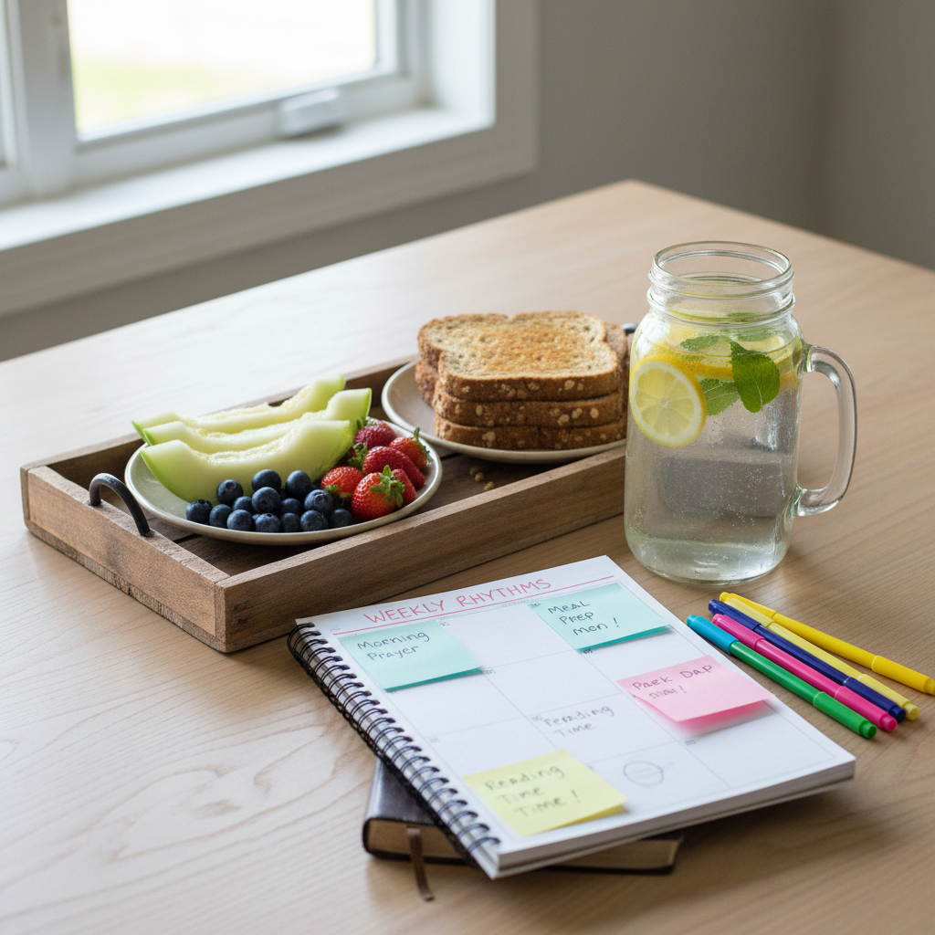 A tidy kitchen table set for a simple family breakfast, featuring a wooden tray with neatly sliced fruit, whole grain toast, and a glass jar of infused water with lemon and mint. A spiral-bound planner lies open nearby, with colored pens arranged beside it and sticky notes marking weekly family rhythms. Soft, diffused daylight from a nearby window washes the scene, creating subtle reflections on the glass and soft shadows beneath the tray. Photographic realism with a fresh, airy atmosphere, shot from a slightly elevated angle to show the whole layout. The mood is hopeful and organized, evoking gentle structure for busy moms balancing faith, meals, and routines.