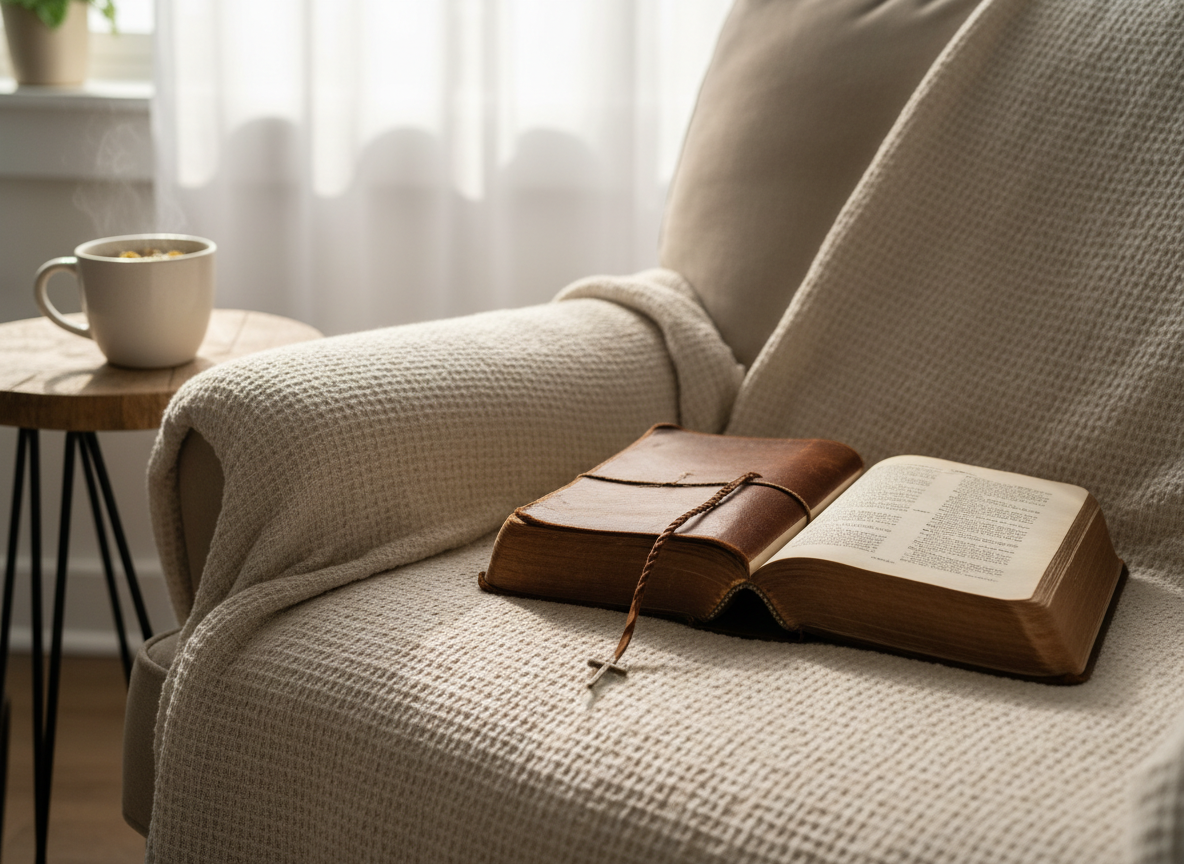A well-worn leather Bible lying open on a pale linen throw blanket draped over a cozy, overstuffed armchair. A simple ceramic mug of herbal tea rests on a small wooden side table beside it, with a single bookmark peeking from the pages. Soft morning sunlight filters through sheer white curtains in the background, creating gentle highlights on the textured leather cover and casting faint, comforting shadows. Photographic realism with a warm, slightly desaturated palette, shot at eye level with a shallow depth of field so the focus rests on the open pages. The mood is calm, encouraging, and reflective, suggesting a quiet moment of faith-filled planning for the day.