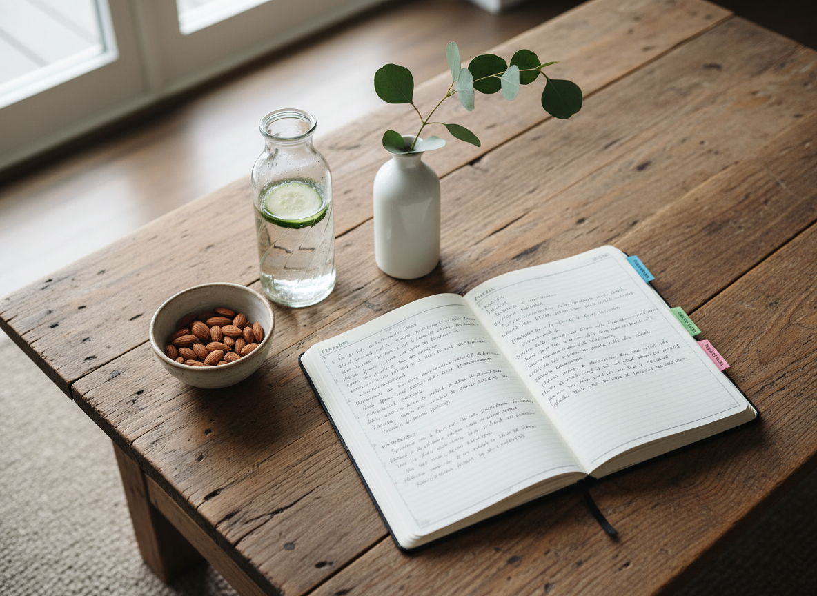 A rustic wooden coffee table with a large, open hardcover journal, its pages filled with tidy handwritten notes and color-coded tabs marking sections for prayer, family schedules, and health habits. Beside it rests a glass water bottle with a slice of cucumber, a small bowl of almonds, and a sprig of eucalyptus in a simple white vase. Overcast daylight from a nearby window creates soft, even lighting and gentle shadows, emphasizing the textures of paper, wood, and glass. Photographic realism, shot from a top-down perspective with intentional negative space around the table edges. The atmosphere is focused yet gentle, evoking intentional living, simple wellness, and faith-centered planning for moms.
